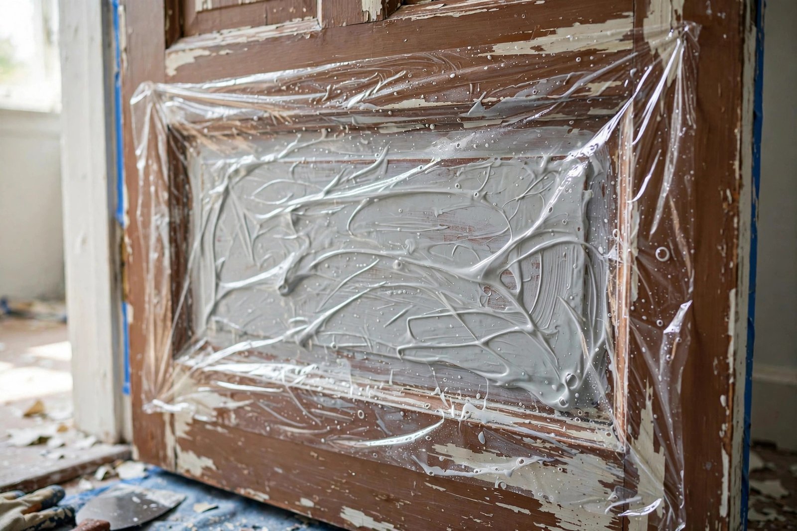 Paste paint stripper covered with cling film on a wooden door