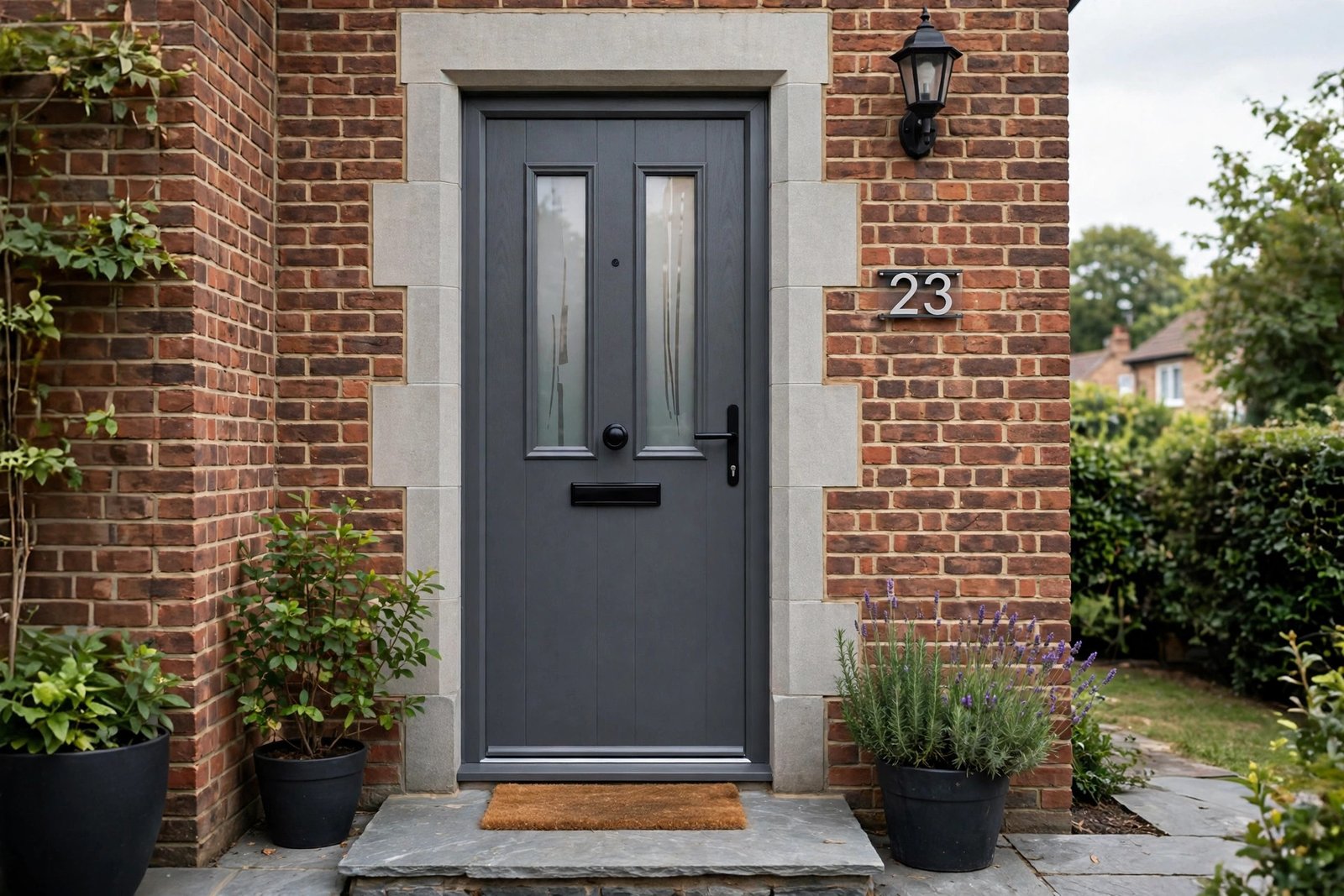 Composite front door with sidelights showing a half glazed design in anthracite grey on a UK brick house