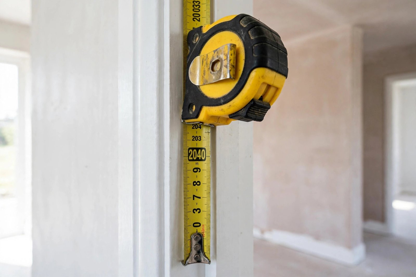 Metric tape measure showing the 2040mm height of a tall internal door in a Scottish new build home