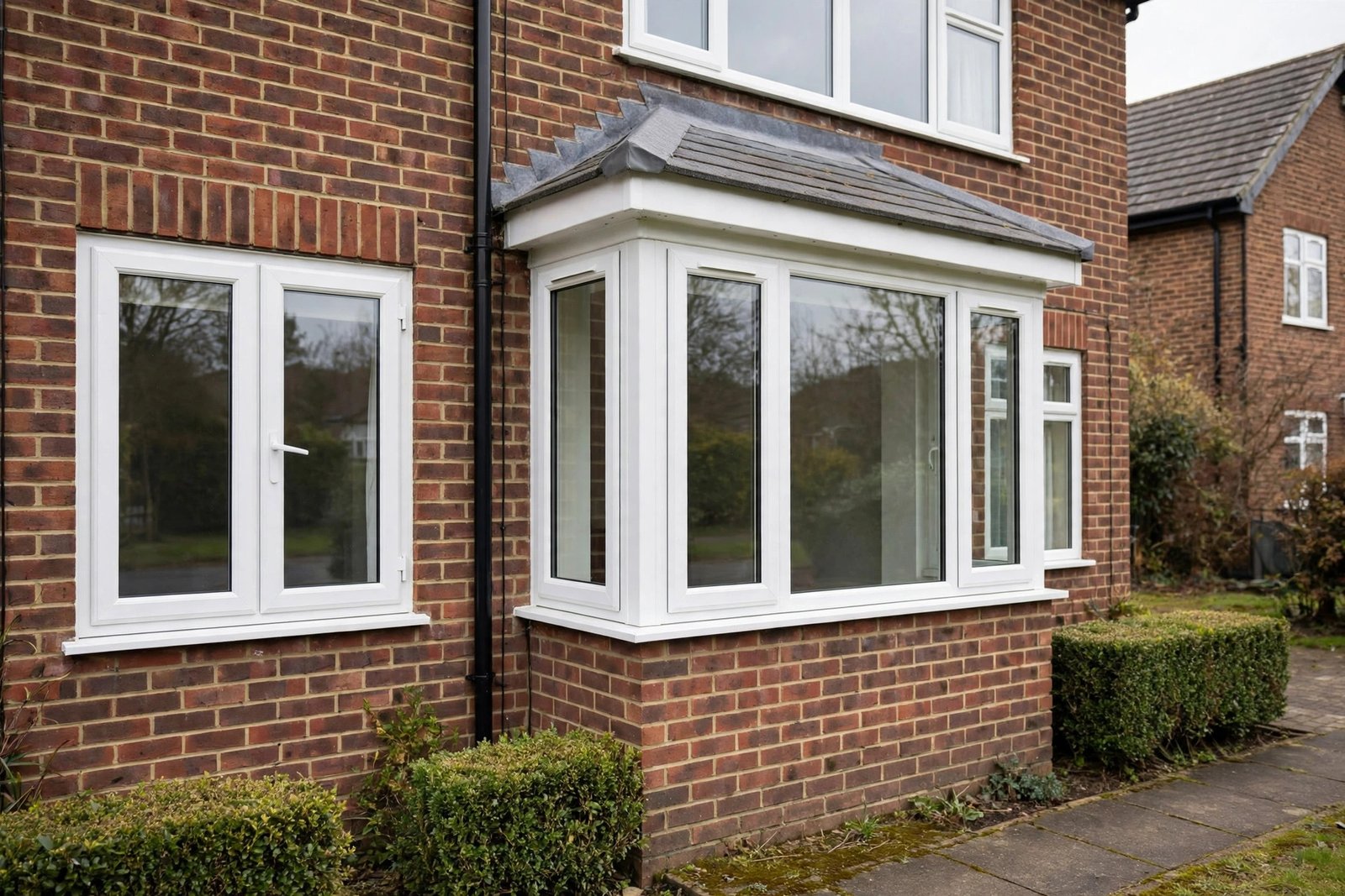 Fitted white uPVC casement window beside a bay window on a UK semi-detached house, showing different window styles