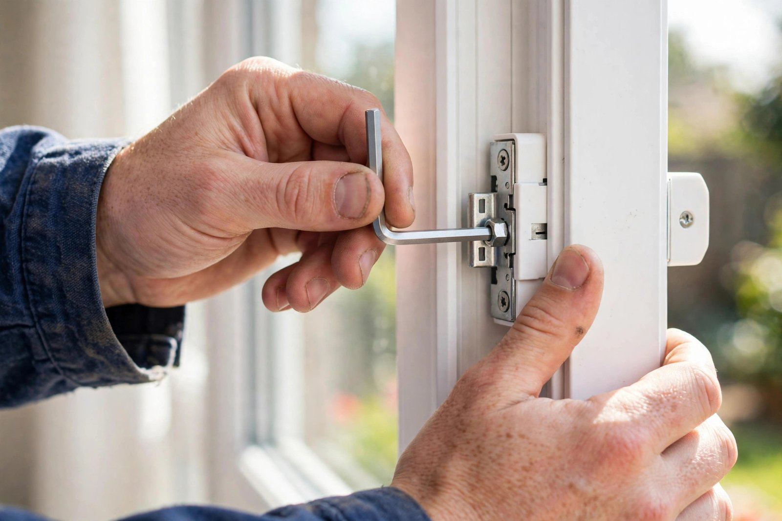 Adjusting a dropped uPVC door with an Allen key on a flag hinge