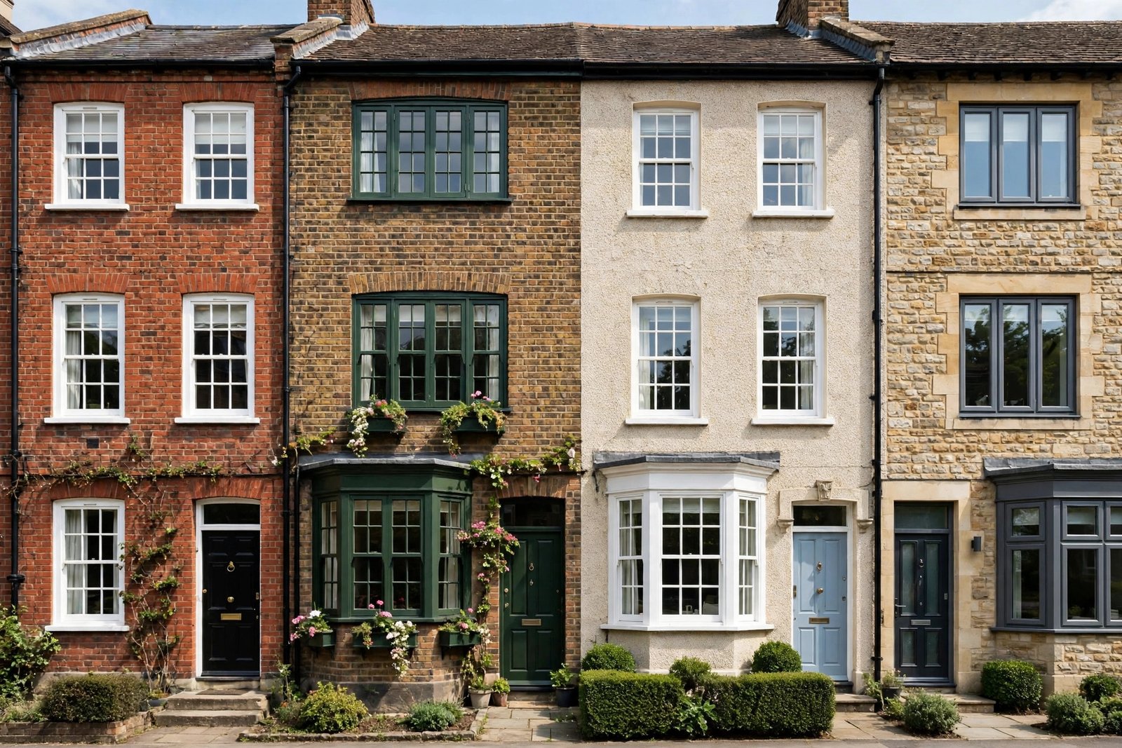 Illustration showing five window styles for UK homes: fixed picture window, sliding window, awning window, roof window, and transom window