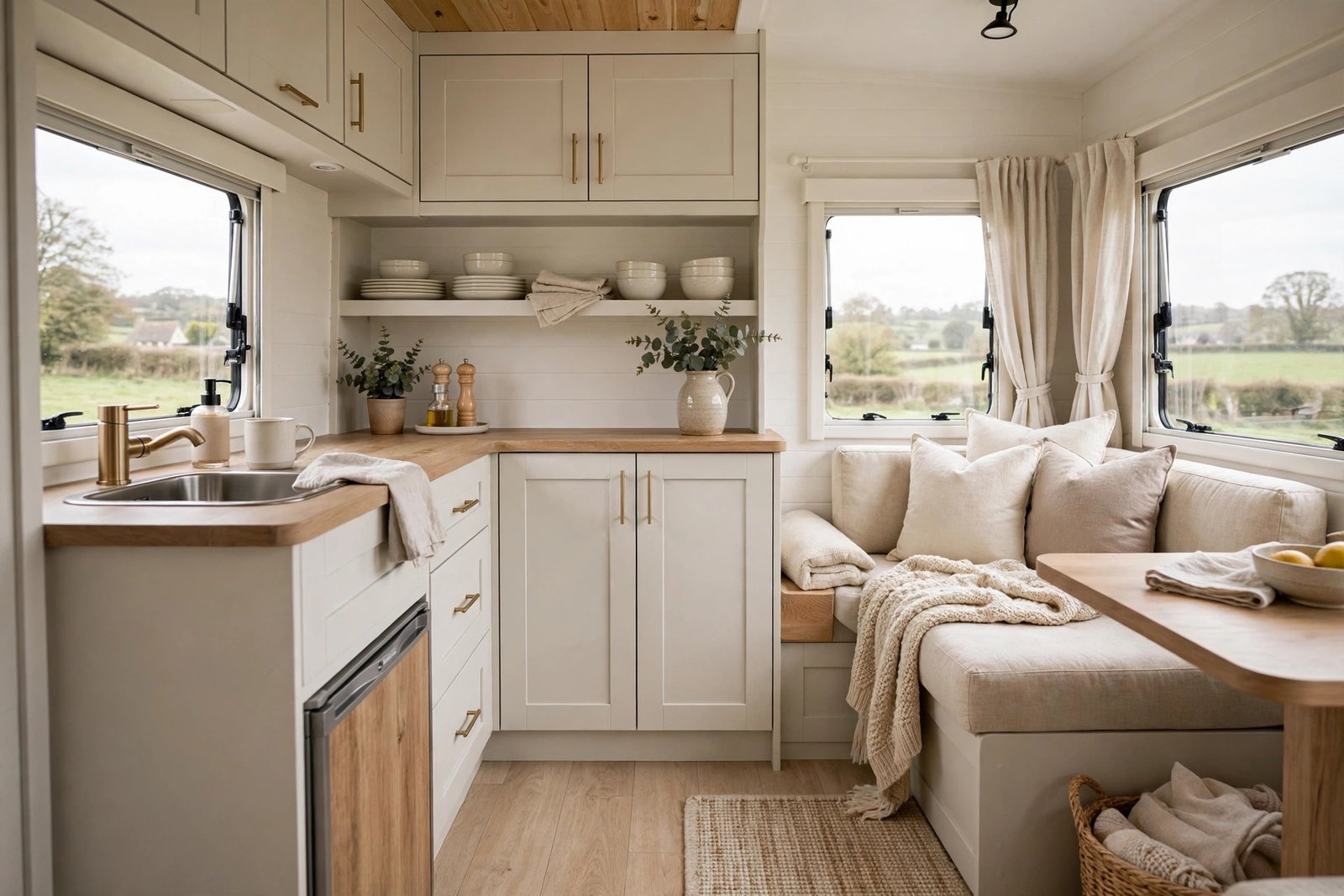 Freshly renovated static caravan interior with painted cupboards and light neutral decor in the UK