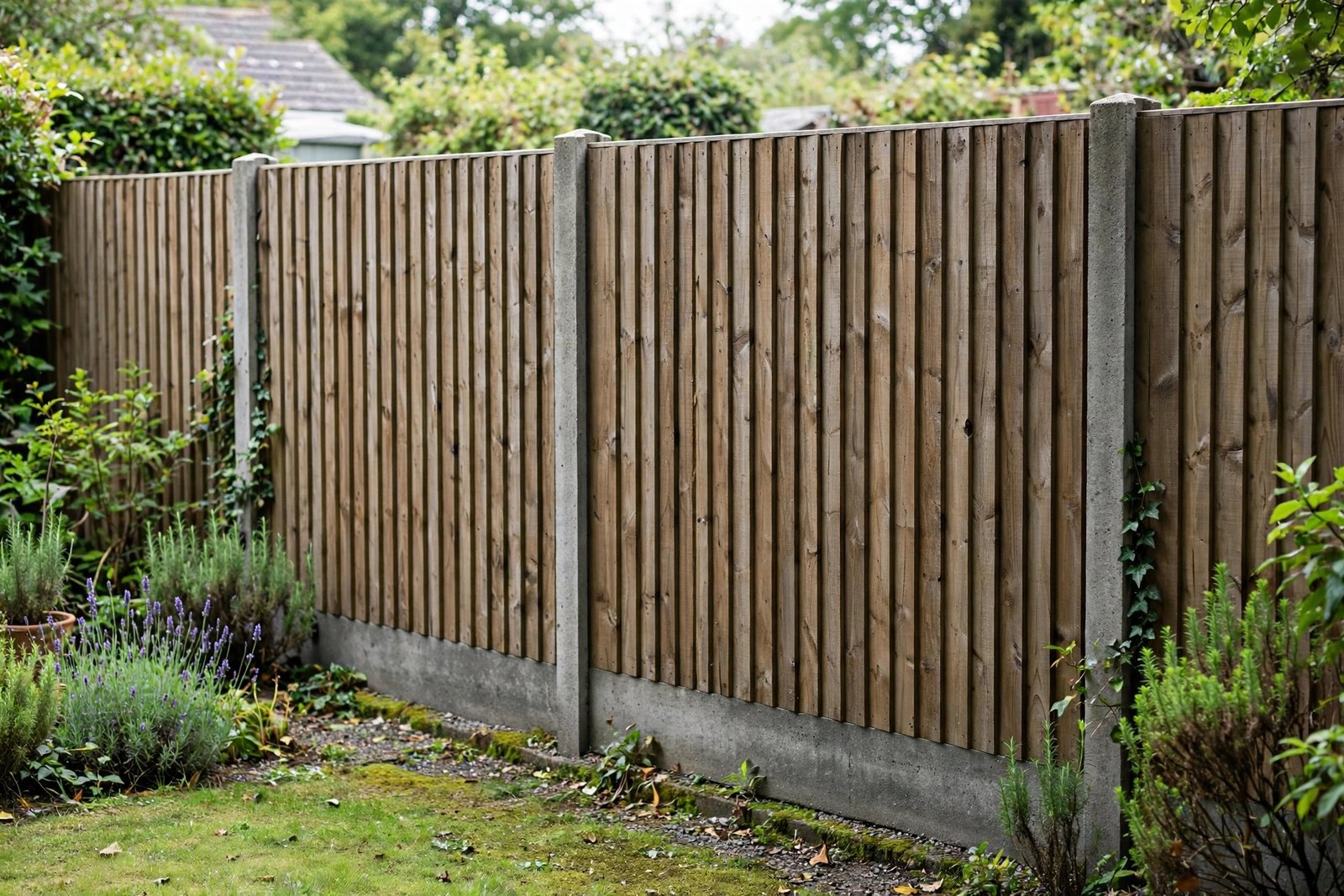 Closeboard timber garden fence with concrete posts and gravel boards in a UK back garden