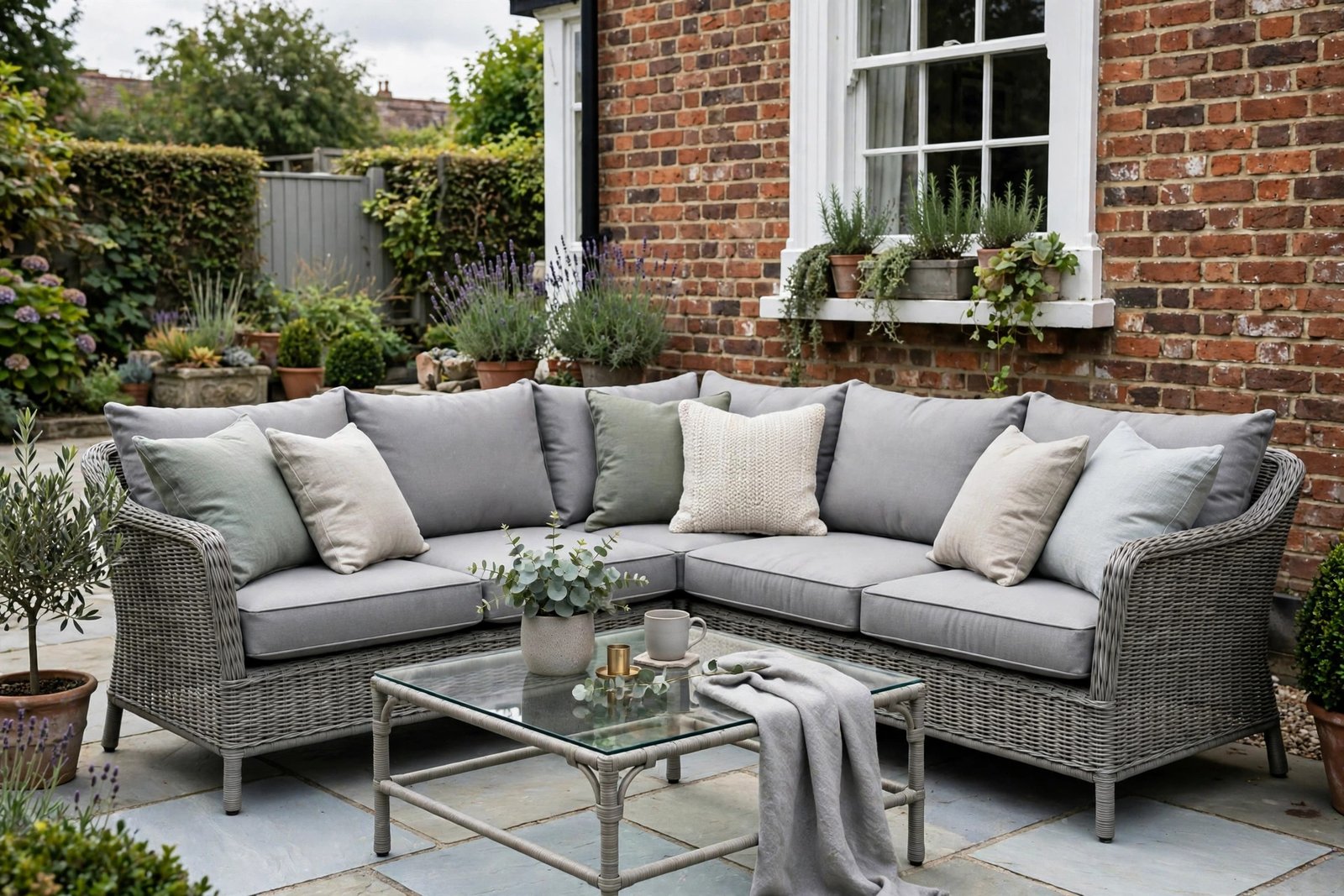 Grey rattan corner sofa set with cushions and glass coffee table on a UK patio