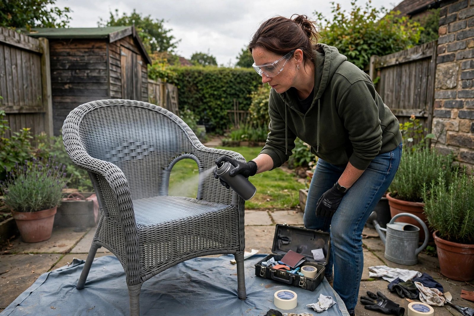 Spray painting grey synthetic rattan garden chair with UV-resistant paint in a UK garden