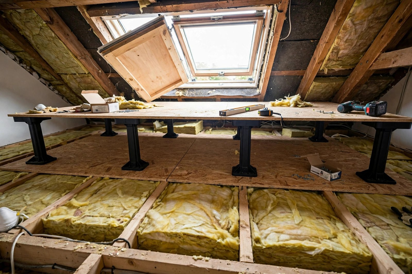 Loft boards raised on support legs above 270mm of mineral wool insulation in a UK loft