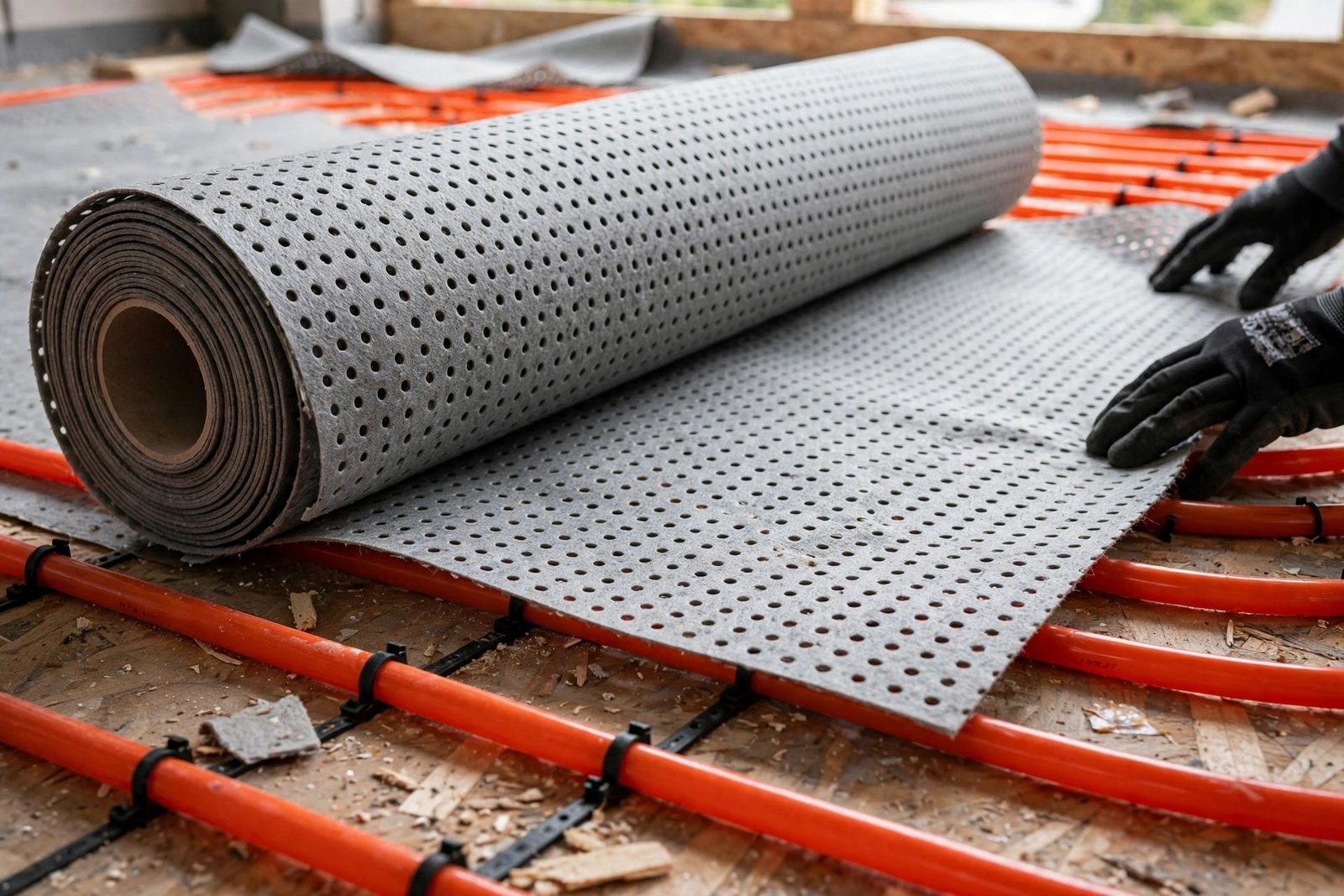Roll of perforated underfloor heating carpet underlay being fitted over heating pipes