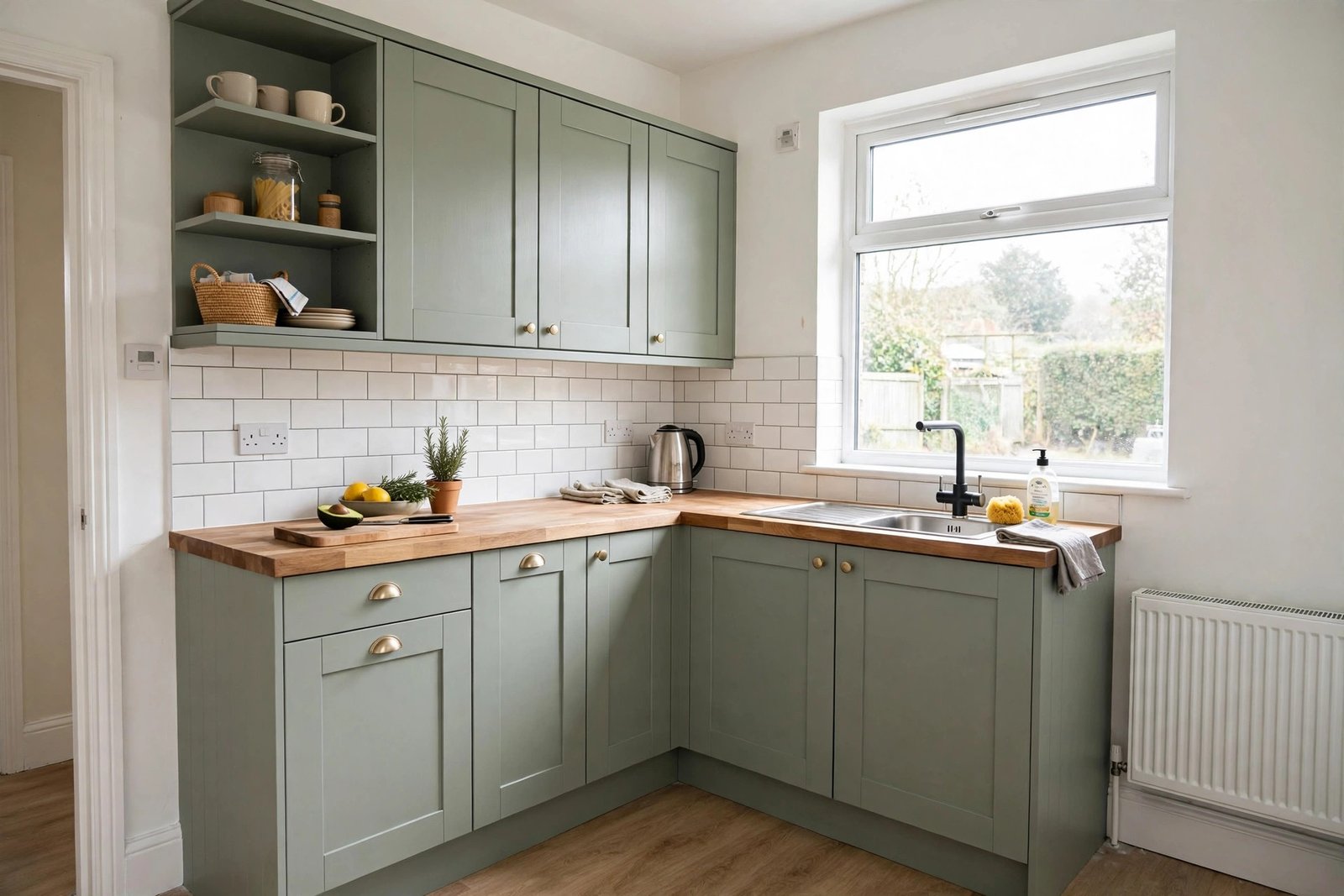 Budget kitchen renovation in a UK home with repainted cabinets and new worktop