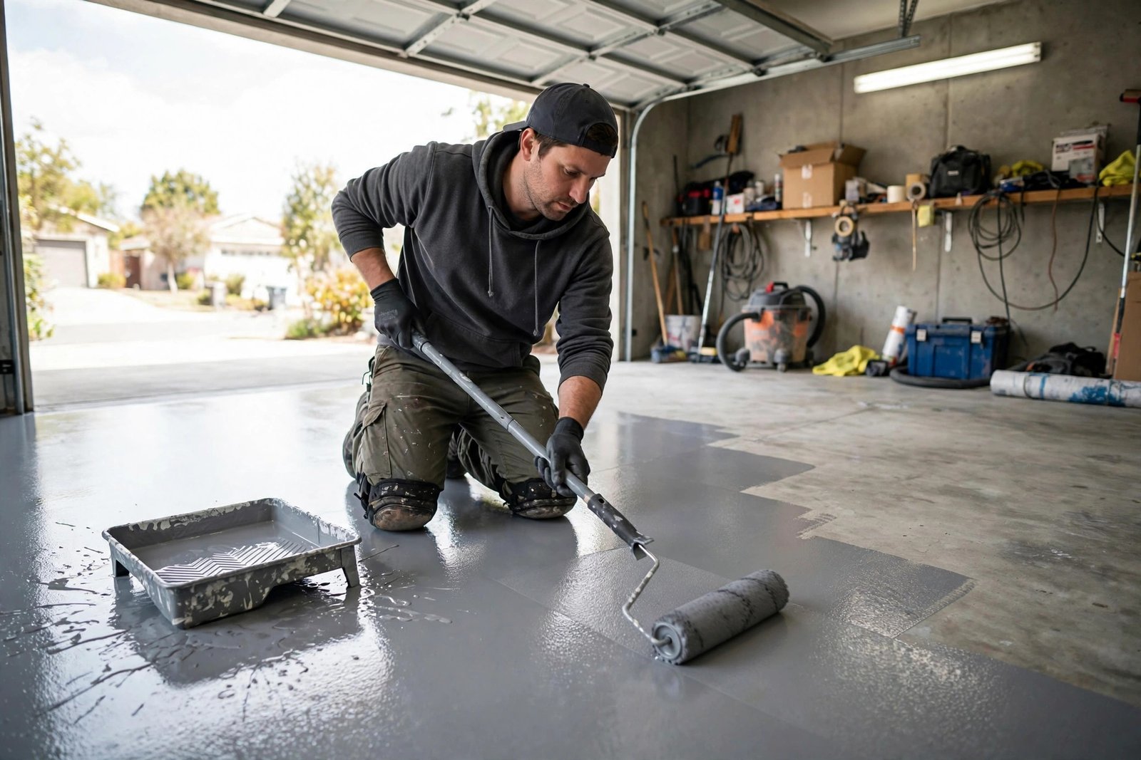 DIY painter applying grey epoxy paint to a concrete garage floor with a roller
