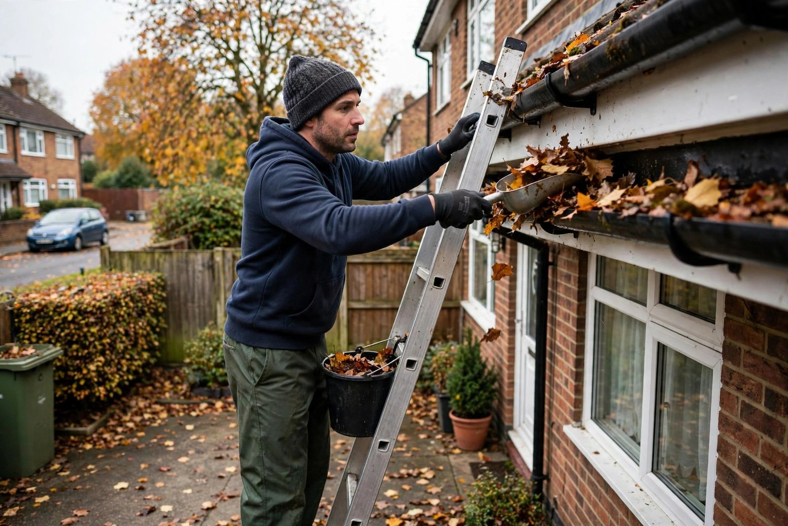 UK homeowner clearing autumn leaves from gutters with a ladder