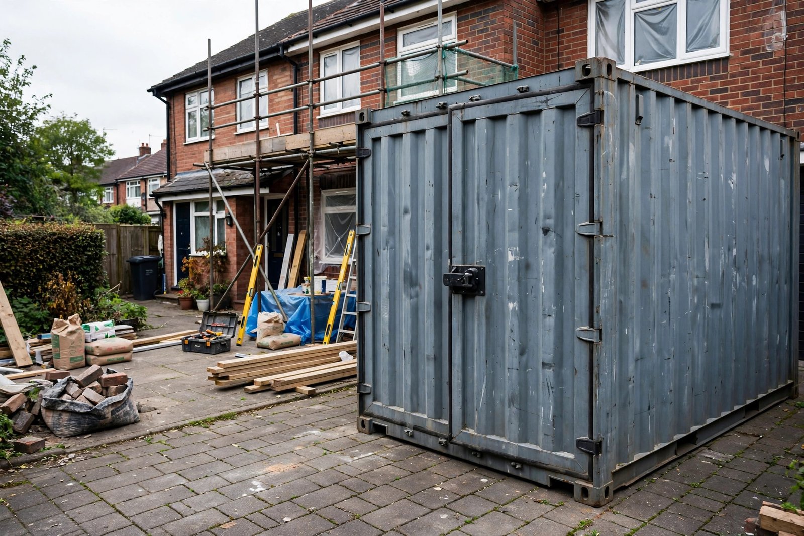 Steel storage container on a UK residential driveway during a home renovation