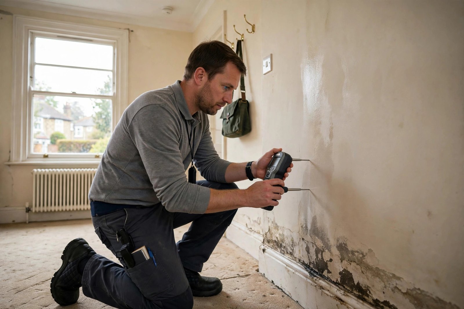 Damp meter being used on an interior wall by a surveyor in a UK home