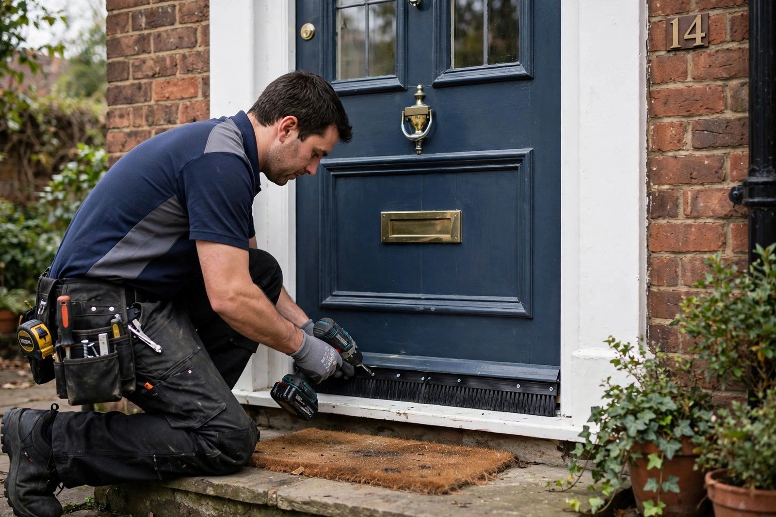 Installer fitting brush draught excluder to a front door in a UK home