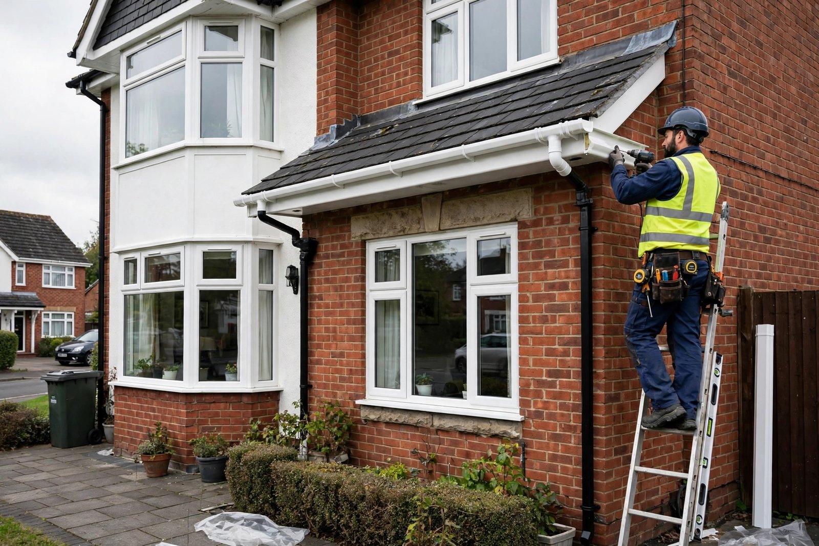 New uPVC guttering being fitted to a UK semi-detached house
