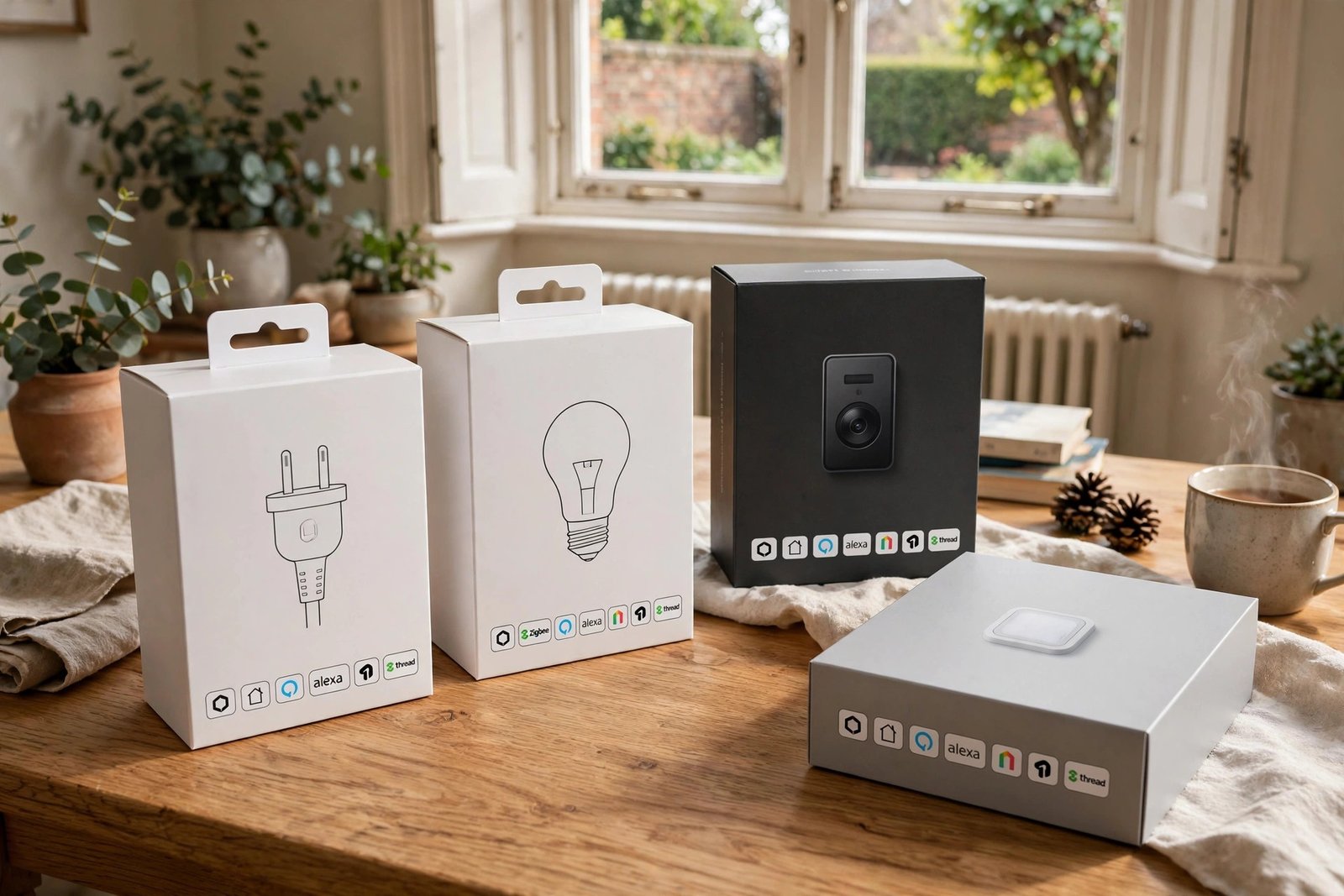 Smart home devices with Matter logo compatibility on packaging in a UK home