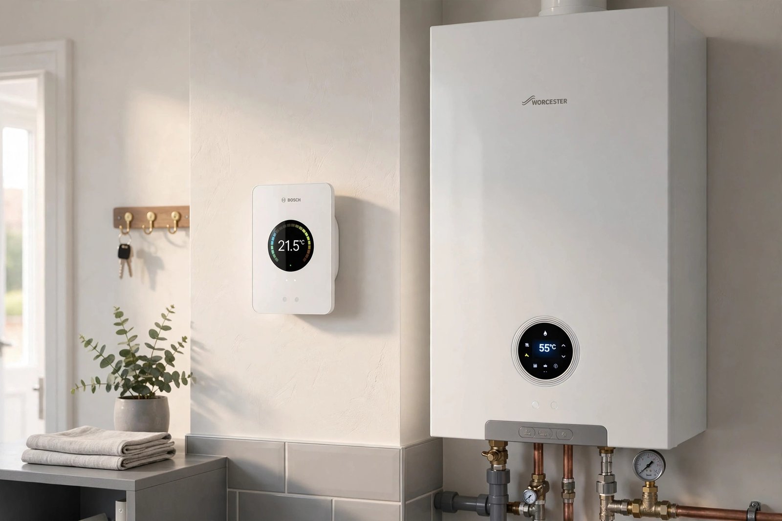 Smart thermostat mounted on wall next to a modern combi boiler in a UK home