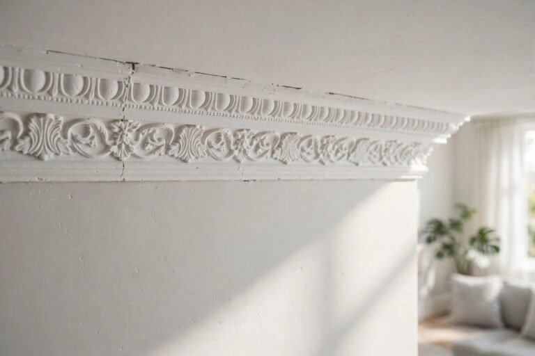 White coving being fitted at the wall and ceiling joint in a UK living room