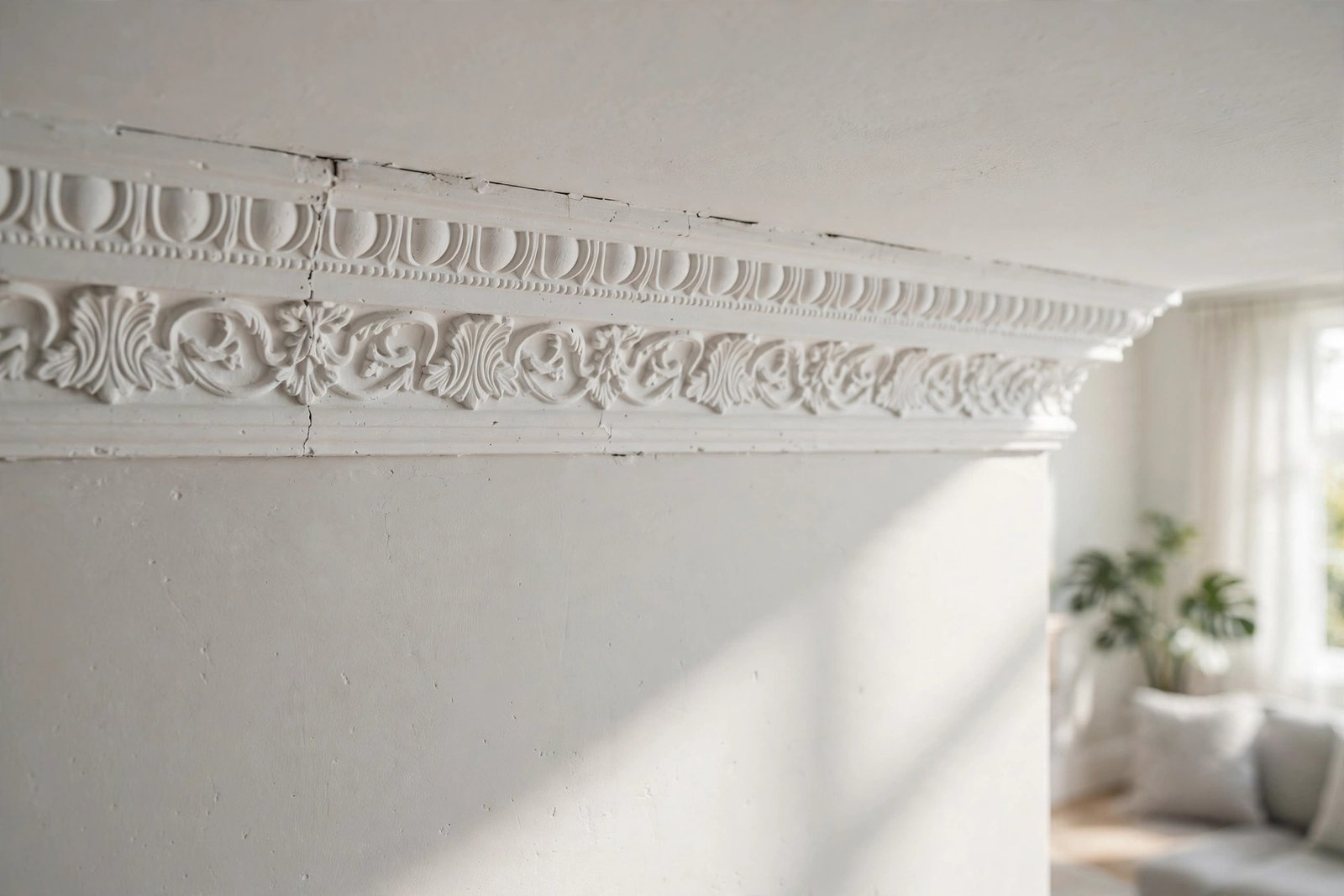 White coving being fitted at the wall and ceiling joint in a UK living room