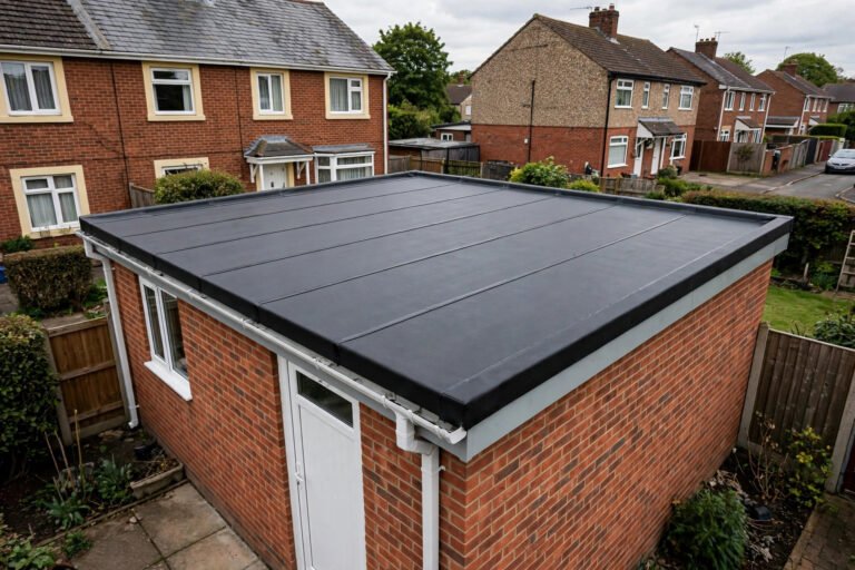 EPDM rubber membrane being installed on a flat garage roof in the UK