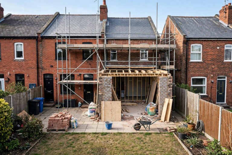 Terraced UK houses sharing a party wall, illustrating party wall agreement scenarios