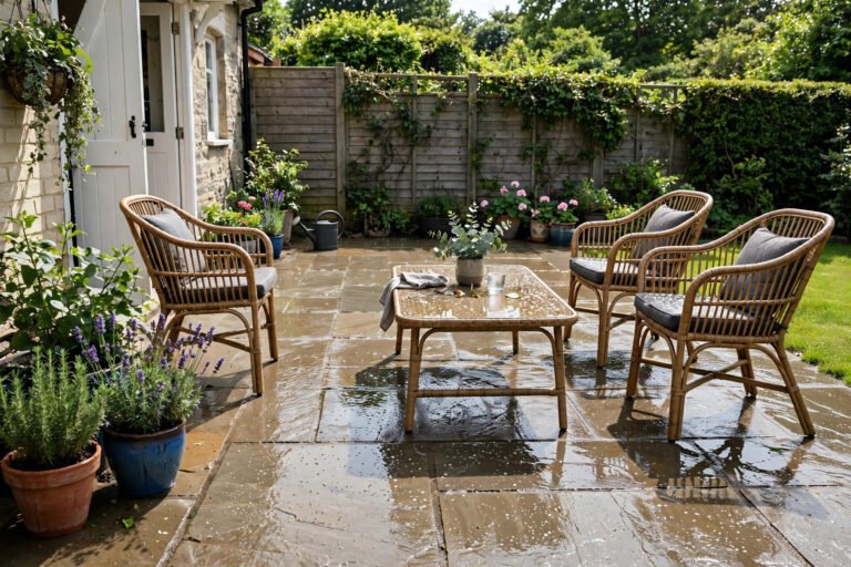 Pressure washing dirty patio slabs in a UK garden