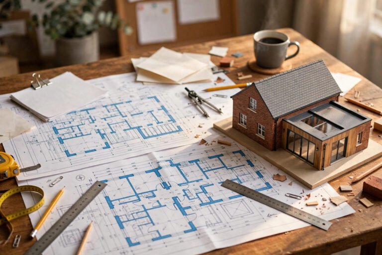 UK planning permission documents and architectural drawings spread on a desk