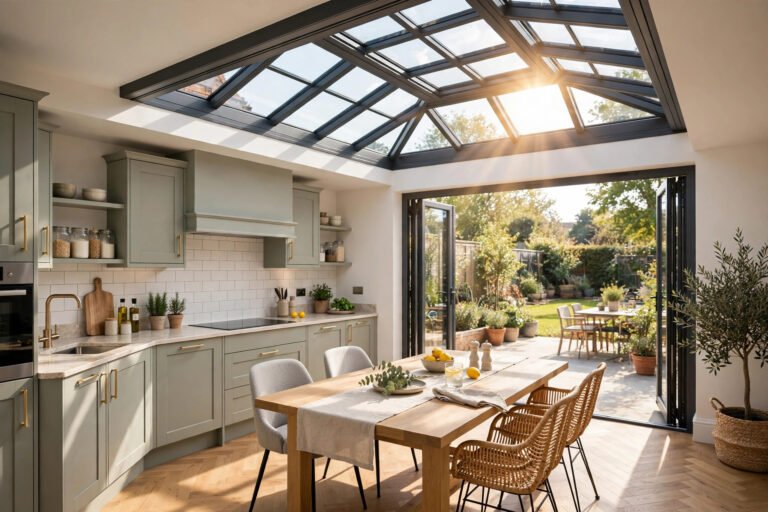 Aluminium roof lantern on a flat roof extension flooding a kitchen with natural light