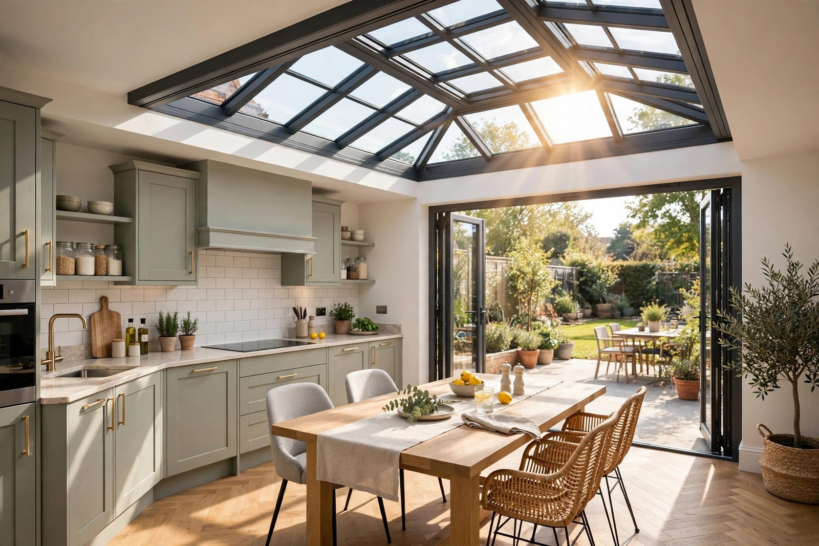 Aluminium roof lantern on a flat roof extension flooding a kitchen with natural light