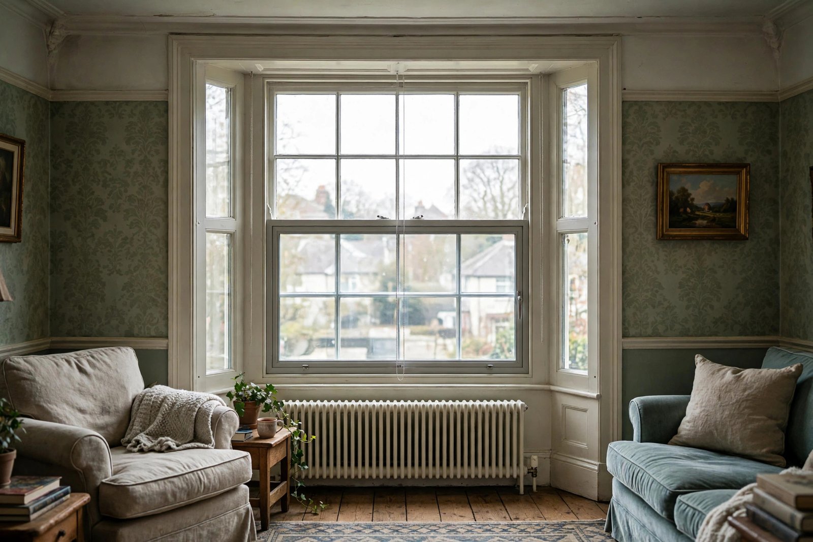 Secondary glazing panel fitted inside a period sash window in a UK home