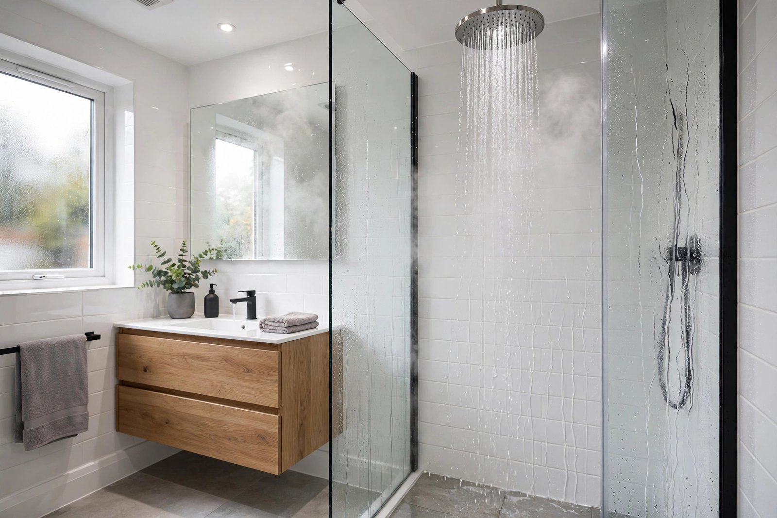 Shower pump unit installed next to a hot water cylinder in a UK airing cupboard