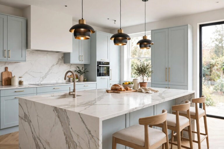 Quartz kitchen worktop with undermount sink in a modern UK kitchen