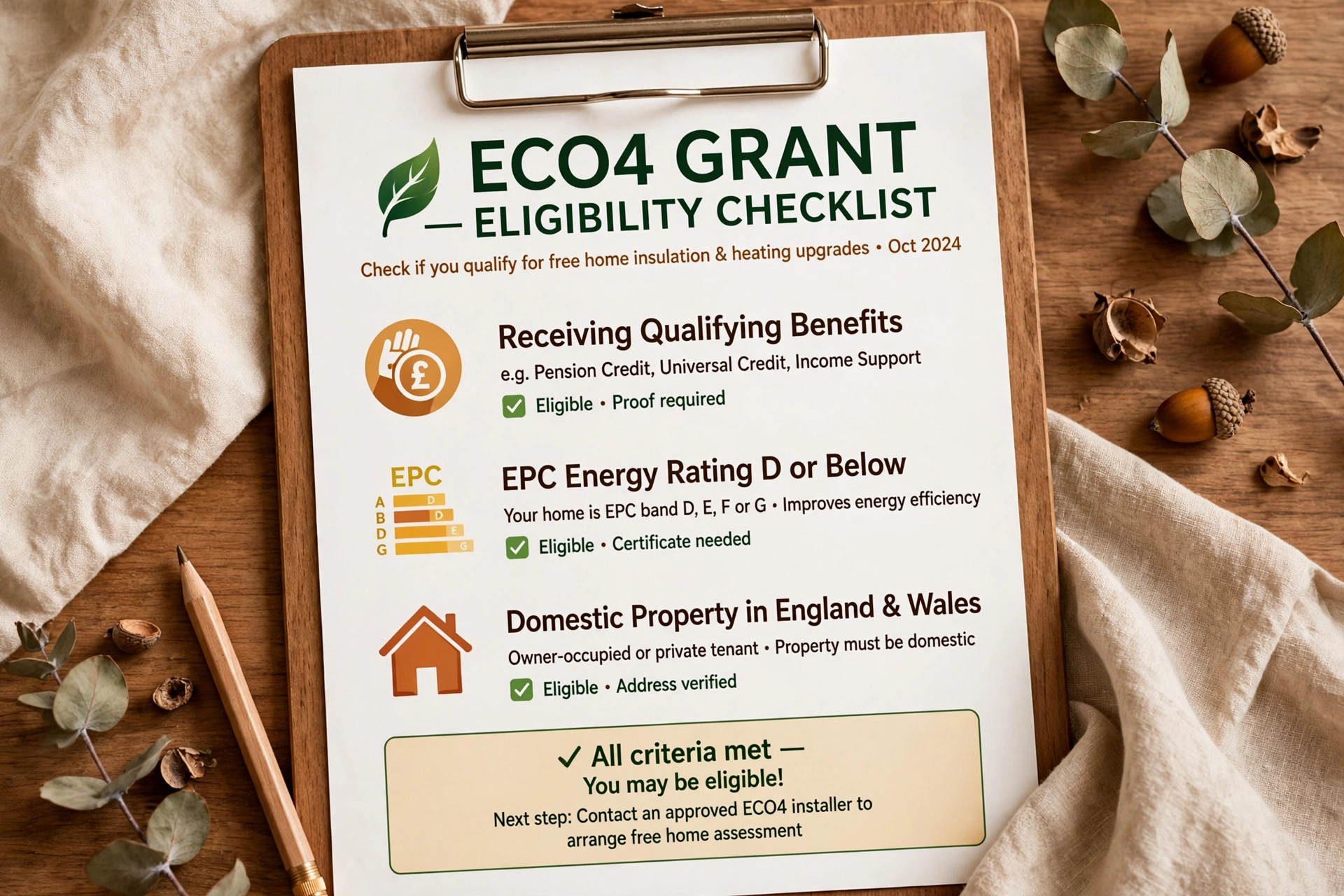 ECO4 grant eligibility checklist showing benefits, EPC rating and property requirements
