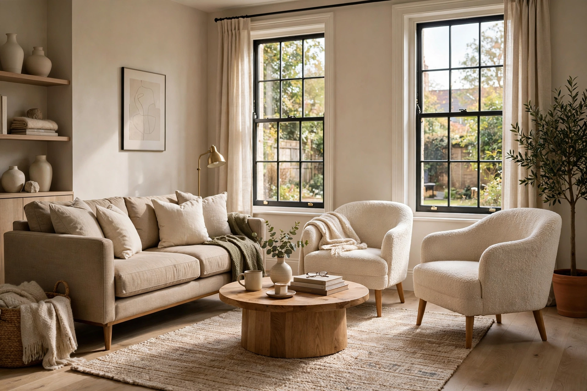 Modern living room interior with sofa, coffee table, floor lamp and layered lighting