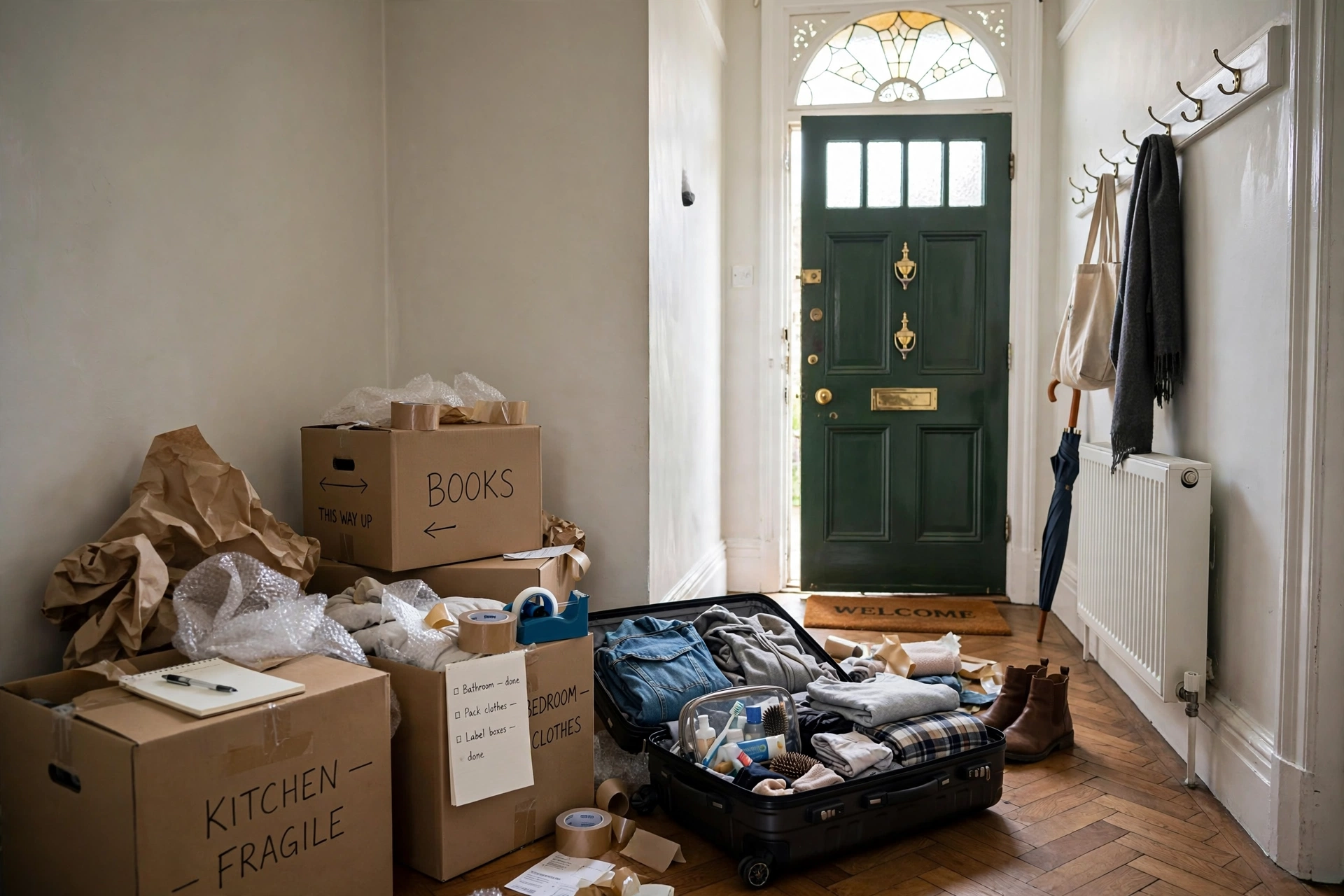 Removal boxes packed in a UK living room before a move abroad
