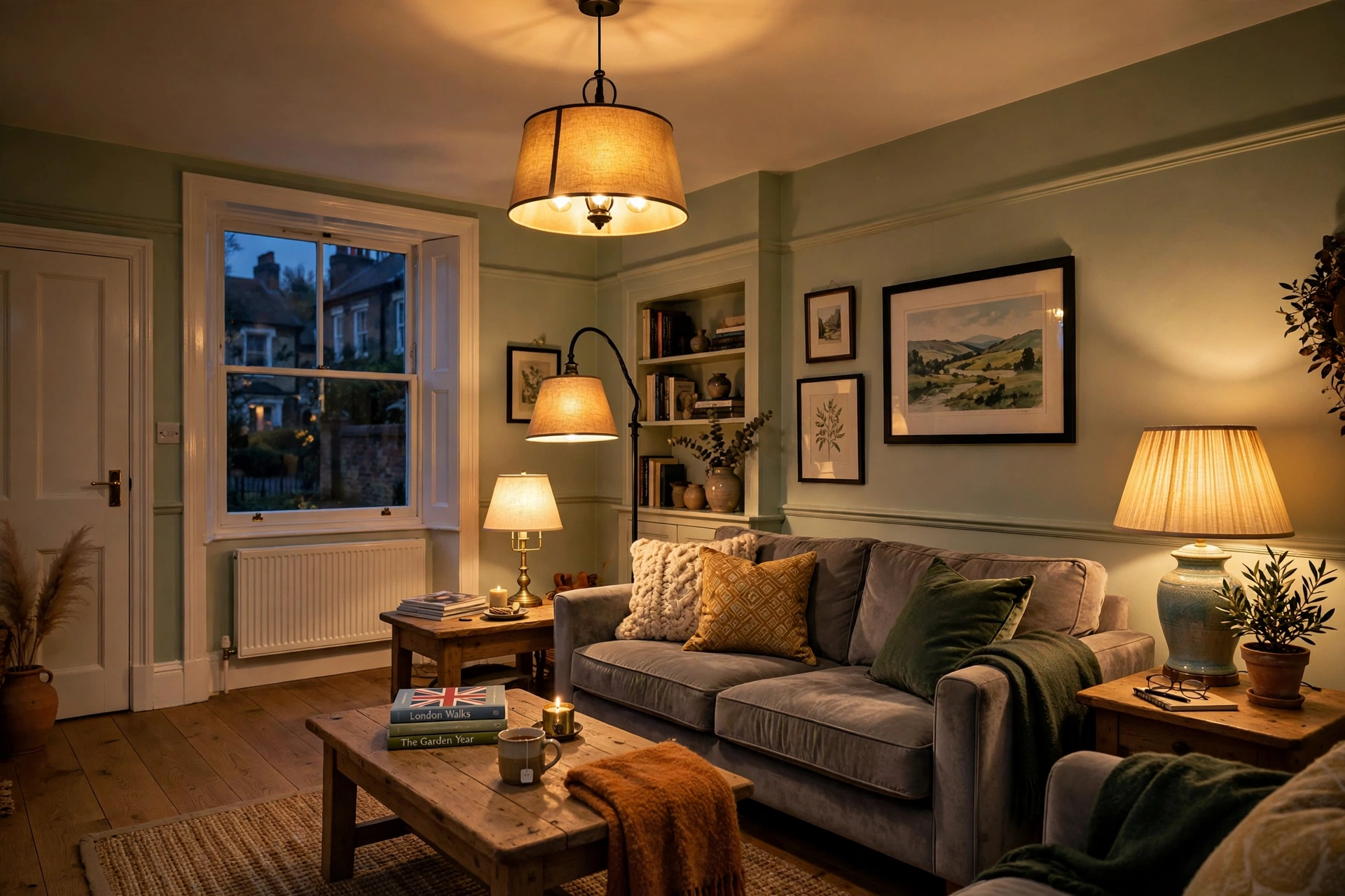 Warm layered living room lighting with a floor lamp and table lamp