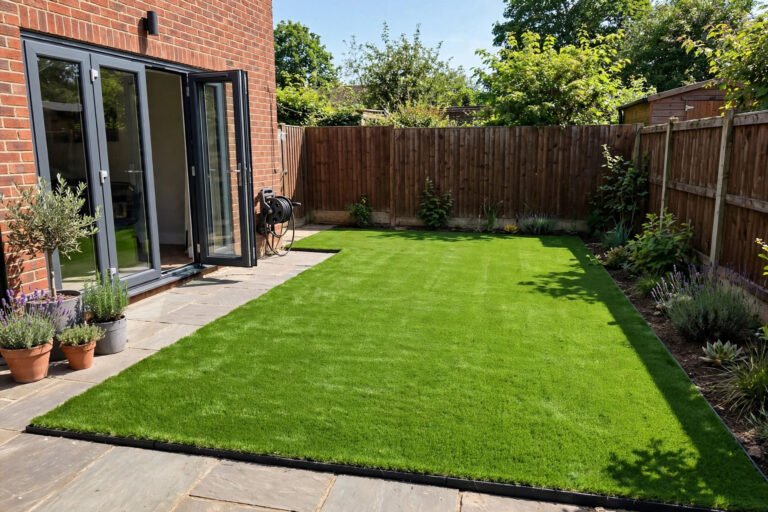 Freshly installed artificial grass lawn with neat edging in a UK back garden