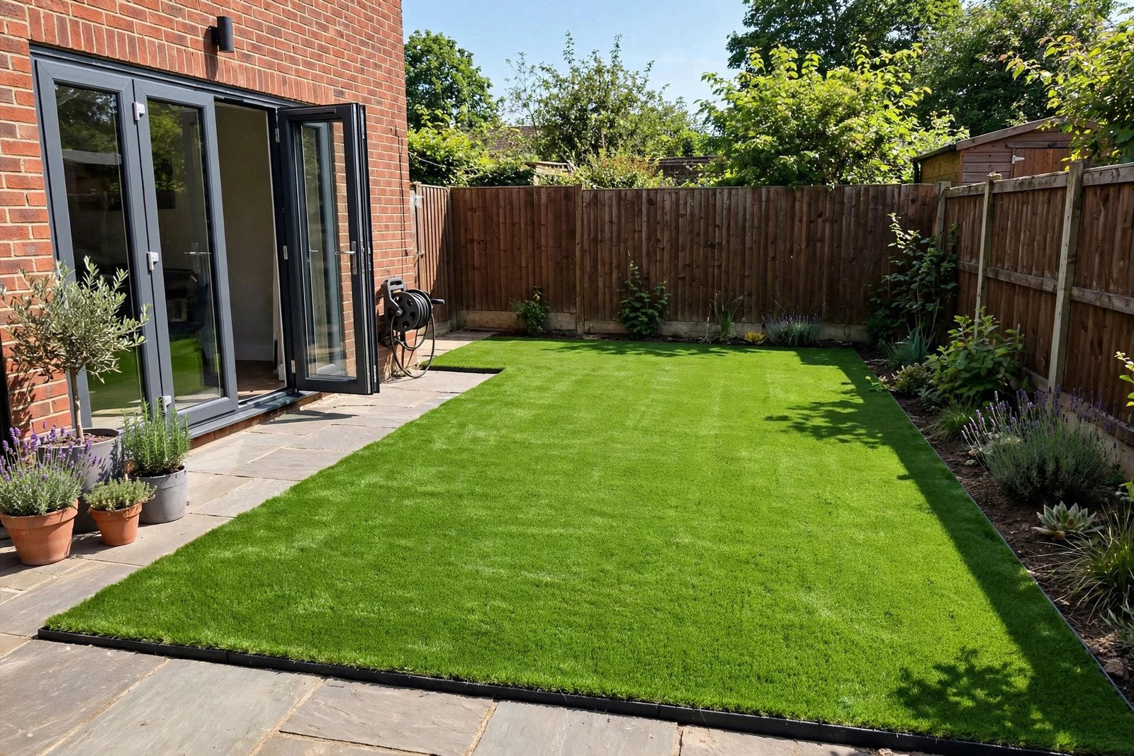 Freshly installed artificial grass lawn with neat edging in a UK back garden