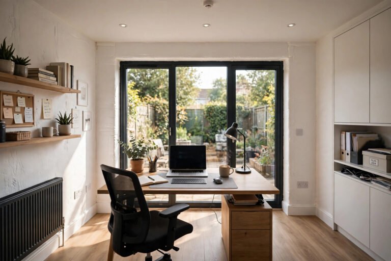 Converted garage interior as a bright home office with new window and desk setup