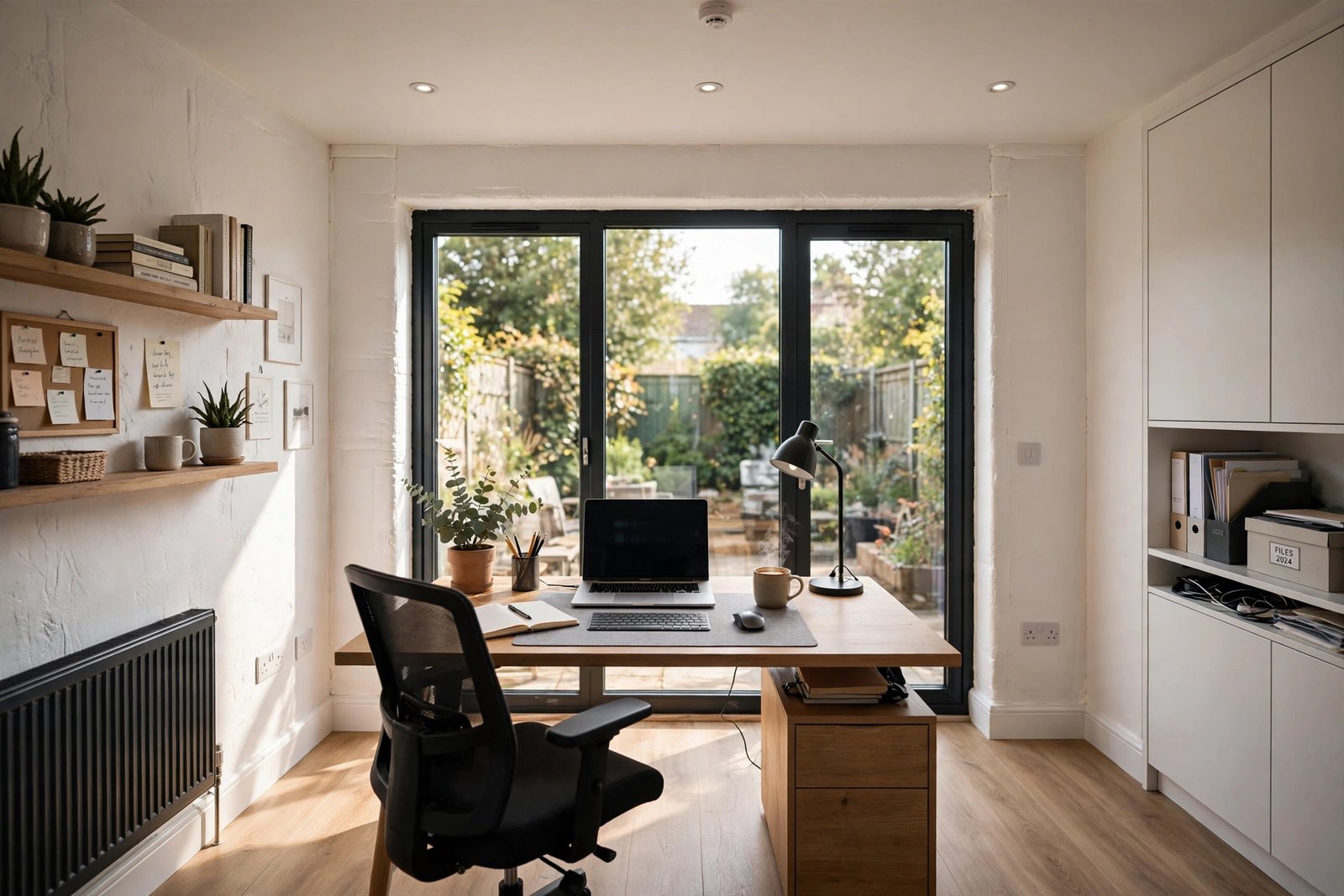 Converted garage interior as a bright home office with new window and desk setup