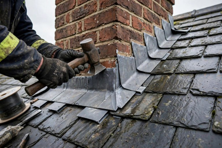 Roofer installing new lead flashing around a brick chimney on a UK slate roof