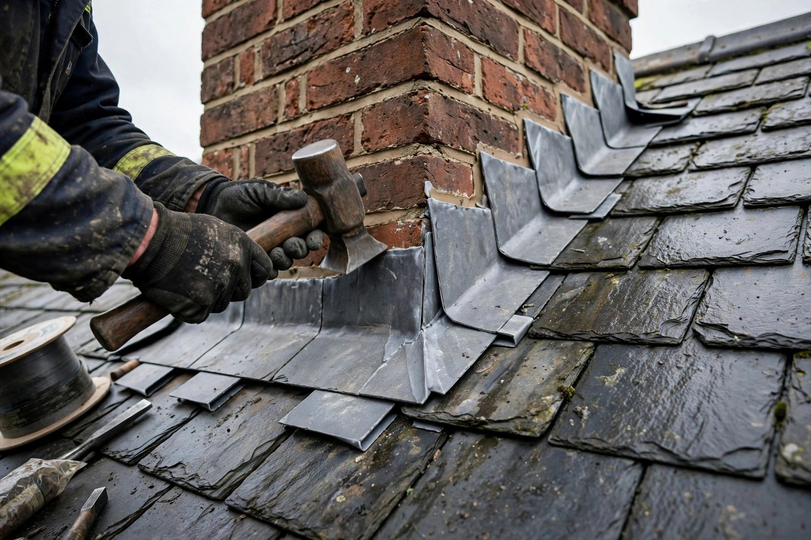 Roofer installing new lead flashing around a brick chimney on a UK slate roof