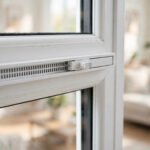 Close-up of a white trickle vent fitted in a uPVC double glazed window frame