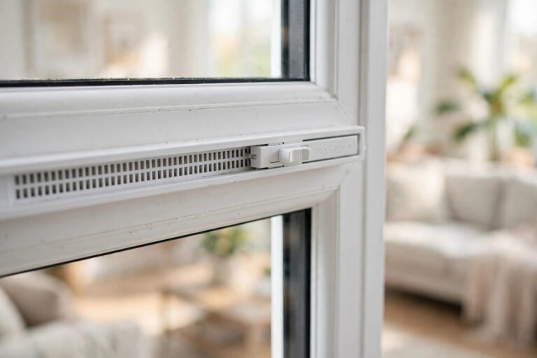 Close-up of a white trickle vent fitted in a uPVC double glazed window frame